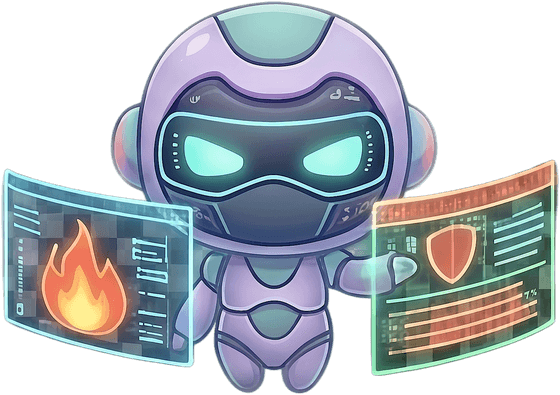 Pim, a friendly violet robot with sparkly eyes