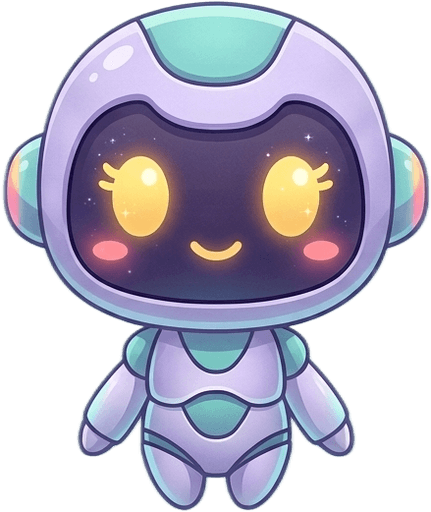 Pim, a friendly violet robot with sparkly eyes